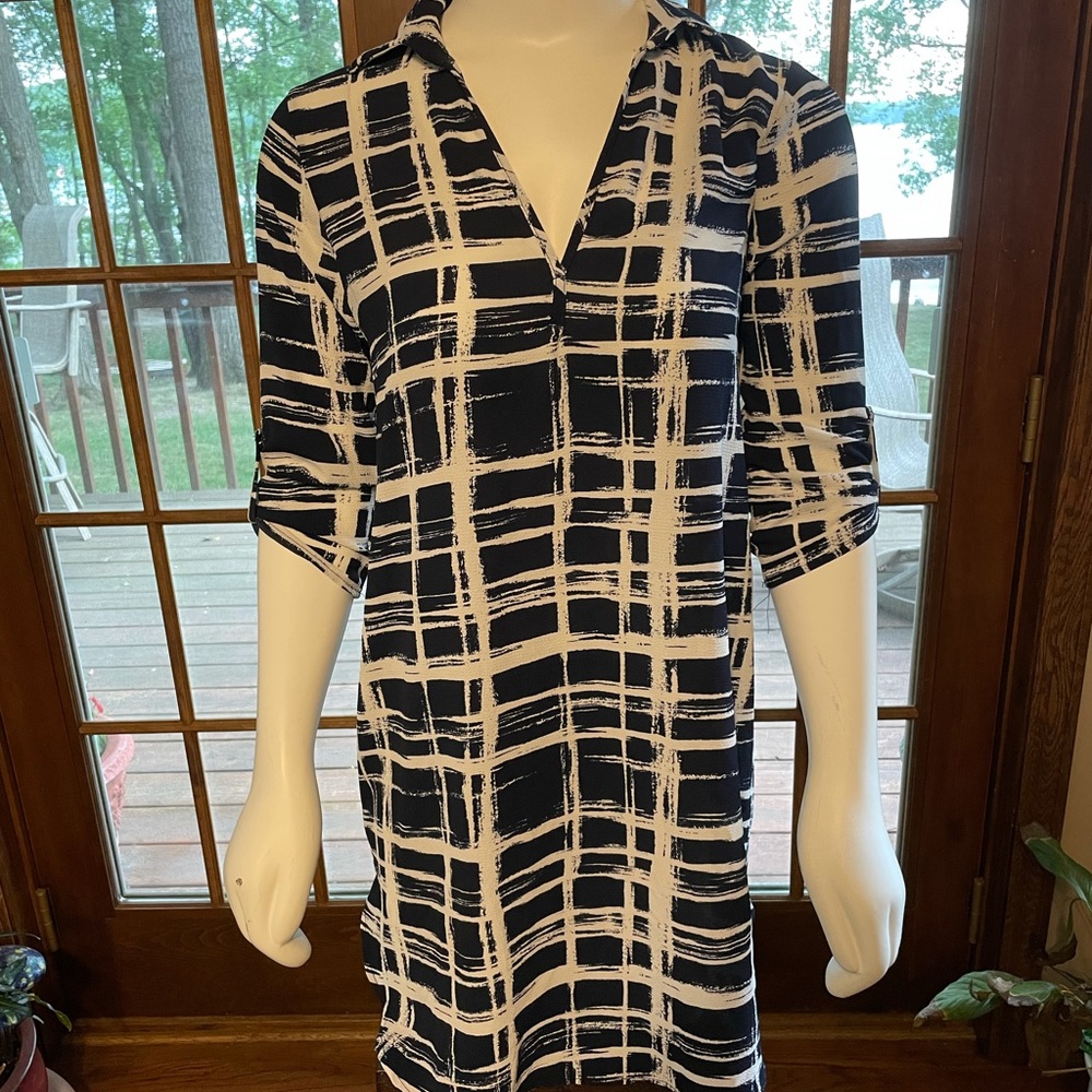 Navy blue and white checkered collared dress